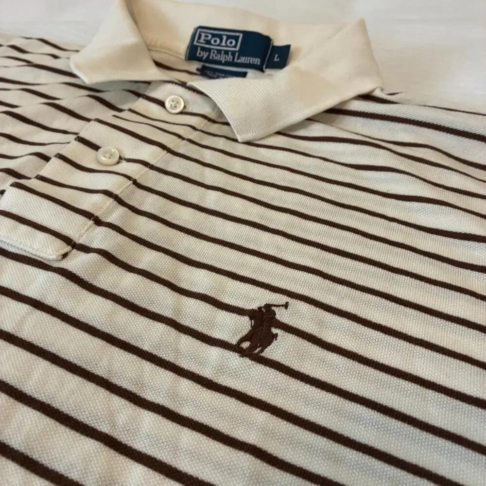Vintage Polo Ralph Lauren Striped Polo Shirt Mens Large White Brown Stripes